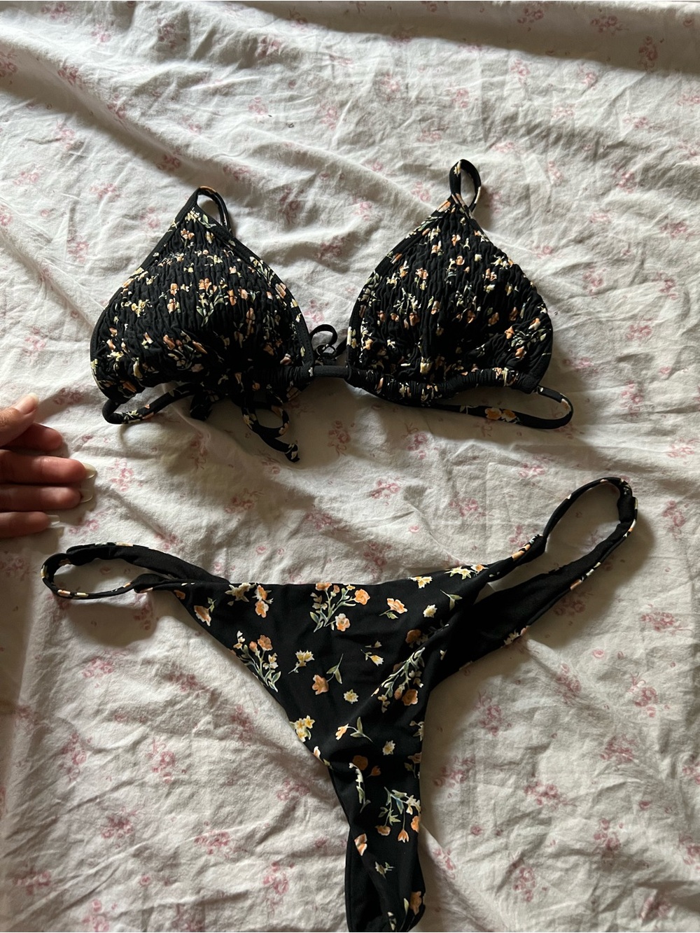 Billabong Black Floral String Triangle Bikini with Yellow-Cream Blossoms